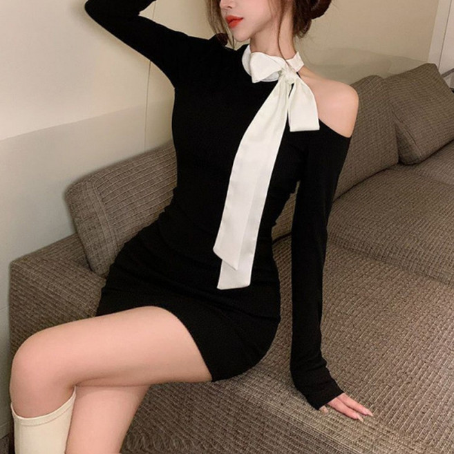 cammello 리본타이 블랙 언발트임 슬림핏 긴팔 미니원피스 데이트룩 파티룩