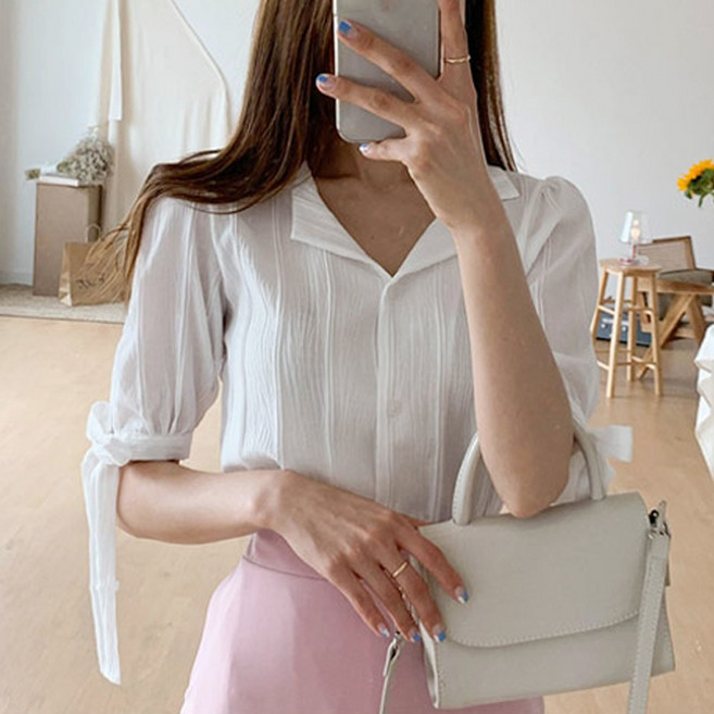 헤이슈 소매리본 반팔블라우스D