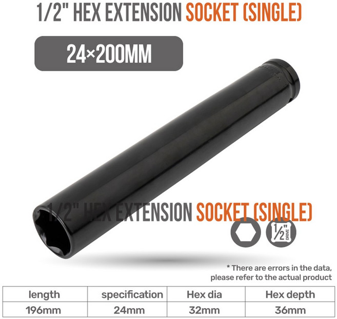 소켓 1/2 자동차 렌치 육각 CRV 용 1PC 딥 수리 임팩트 도구 14/17/19/22mm 어댑터 세트, 24x200mm, 1개