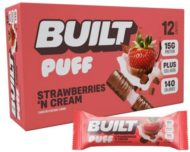 Built Bar 에너지바 빌트 바 퍼프 프로틴 코코넛 17g 단백질 간식 휴대용 140칼로리 6g 설탕 콜라겐 글루텐 프리 12개입, 딸기 앤 크림 퍼프, 12개 (1팩), 1개 - 쿠팡