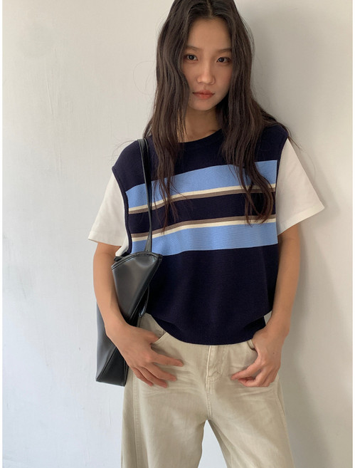 패치워크 반소매 페이크 투피스 니트 여성용 봄 스타일 숏탑