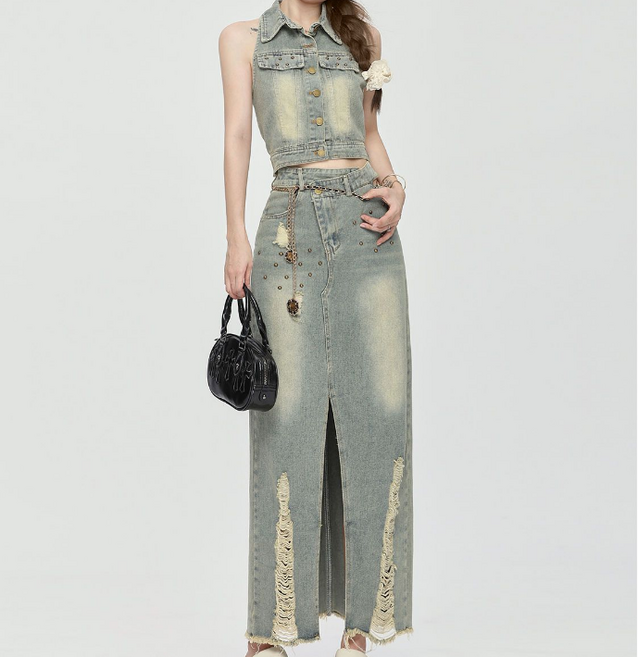 COSYEVNO 여름 데님 스커트 세트 슬림핏 트렌디한 반나시+롱치마