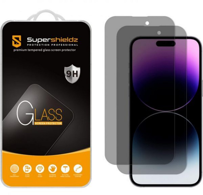 Supershieldz (2개입) (개인정보 보호) 아이폰 14 Pro Max (6.7인치) 전용 스파이 방지 액정 보호필름 강화유리 긁힘 방지 기포 없음