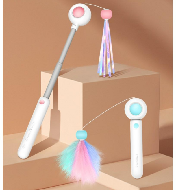 양승 고양이 알록달록 카샤카샤 깃털 낚시대 장난감, 1개, 핑크