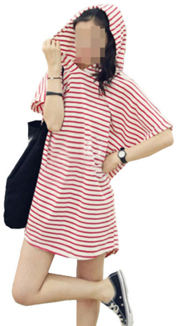 마더라이크 루즈핏 스트라이프 반팔 후드티 가오리핏 단가라 체형커버 6788