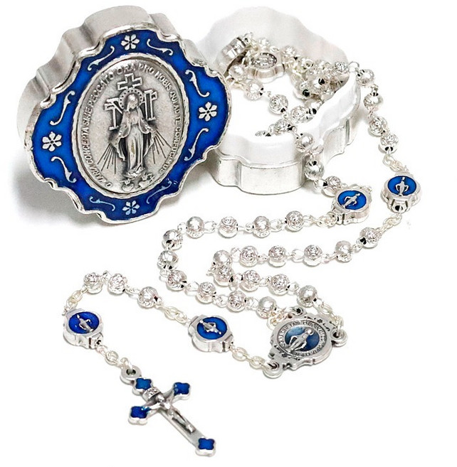 블루 메탈 은혜성모 장미 5mm 5단 묵주 세트(이태리수입) 천주교 성물