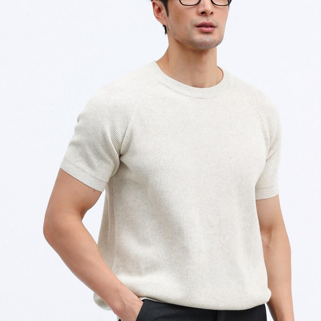 글리멜로 남자 여름 골지 라운드넥 니트 반팔 티셔츠