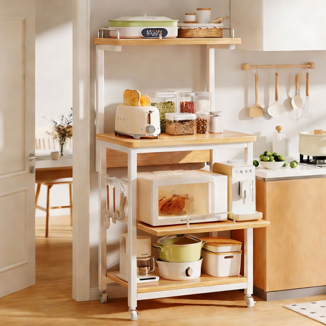 SeekFun 주방 수납장 트롤리 슬라이딩 선반 다용도 대용량 이동식 정리대 렌지대 전자레인지 4단 800, 화이트/White