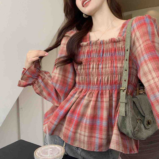 슬림소녀 여성 봄가을 스퀘어넥 셔링 숏 상의 긴팔 루즈핏 캐주얼 데일리 체크 셔츠