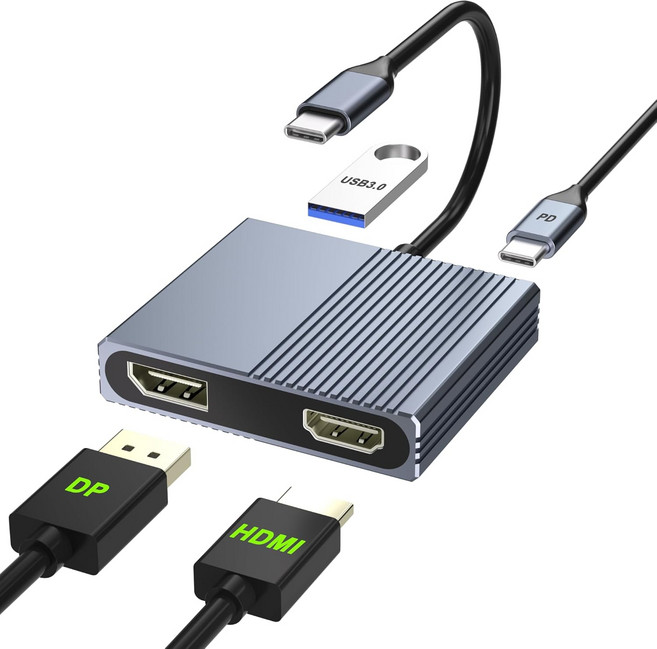듀얼 모니터용 HDMI 스플리터 USB3.0 100W PD HDTV 확장 디스플레이 USB C 허브 멀티 포트 DellHPMac용 노트북 도킹 스테이션 2개용 어댑터, 4 IN 1 HDMI+DP