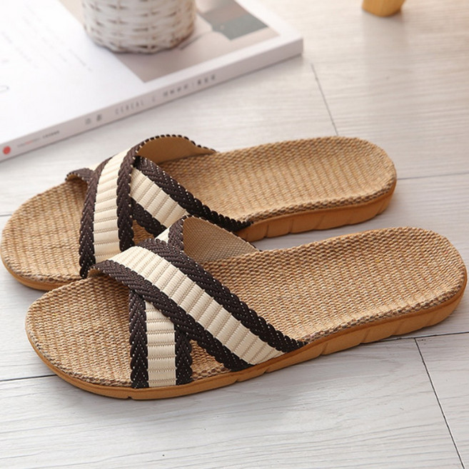 JUN팩토리 여성 남자 라탄 린넨 왕골 슬리퍼 골지엑스선 대나무 여름 실내 거실용 실내화, 브라운, 1개