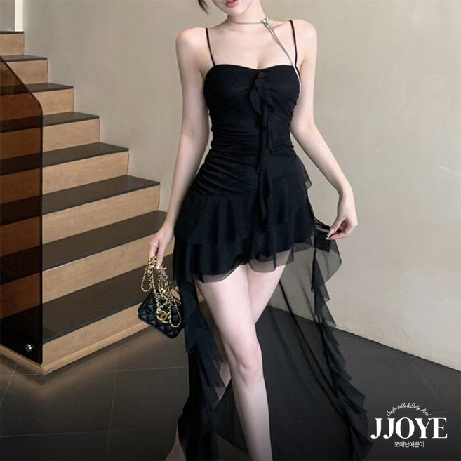 쪼예 여신룩 허리셔링 프릴 언발 쉬폰 슬림 나시 원피스