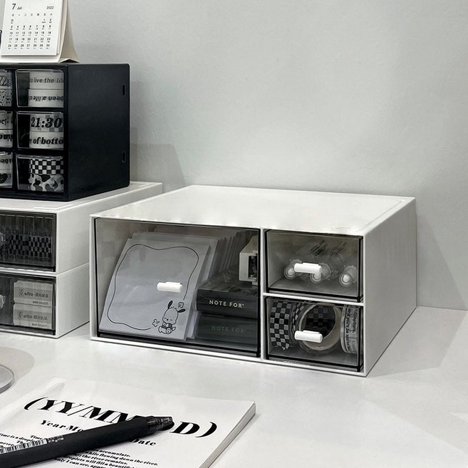 桌面收納盒 抽屜式小物整理箱 22.5cm, 大三格抽屜, 1層