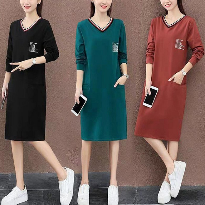 봄가을 브이넥 긴팔 원피스 간절기 여성 박시 맨투맨 티셔츠 패션 롱원피스 빅사이즈 여자치마