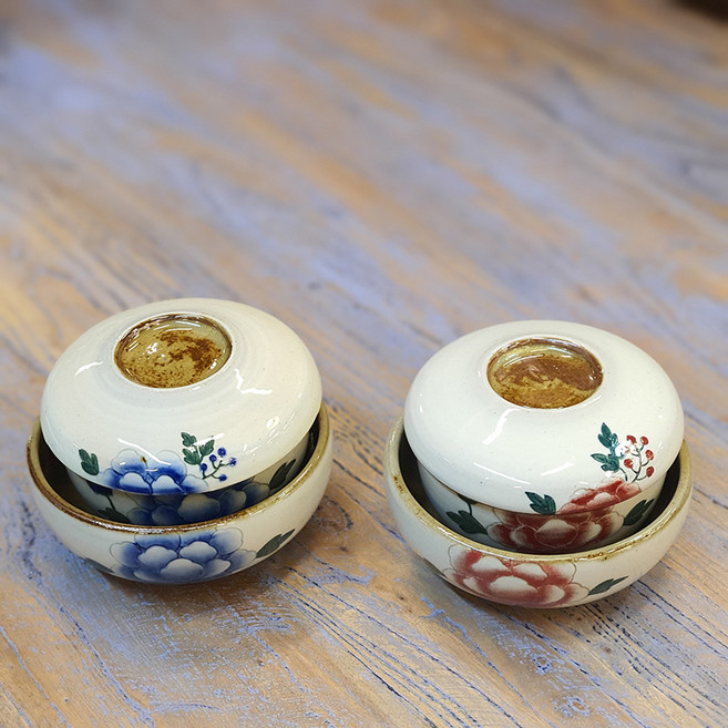 분청 목단 핸드메이드 도자기 뚜껑 있는 밥그릇 국그릇세트 부모님 선물, 보라, 1개