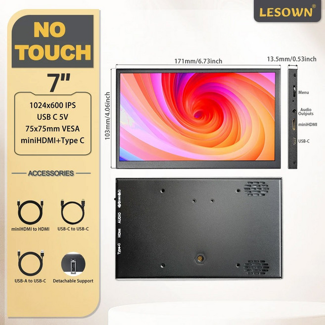 LESOWN 컴팩트 7인치 USB HD IPS 휴대용 화면 1024X600 컴퓨터 미니 모니터 터치스크린 PC 해상도 디스플레이 소형 번째, Monitor with Support