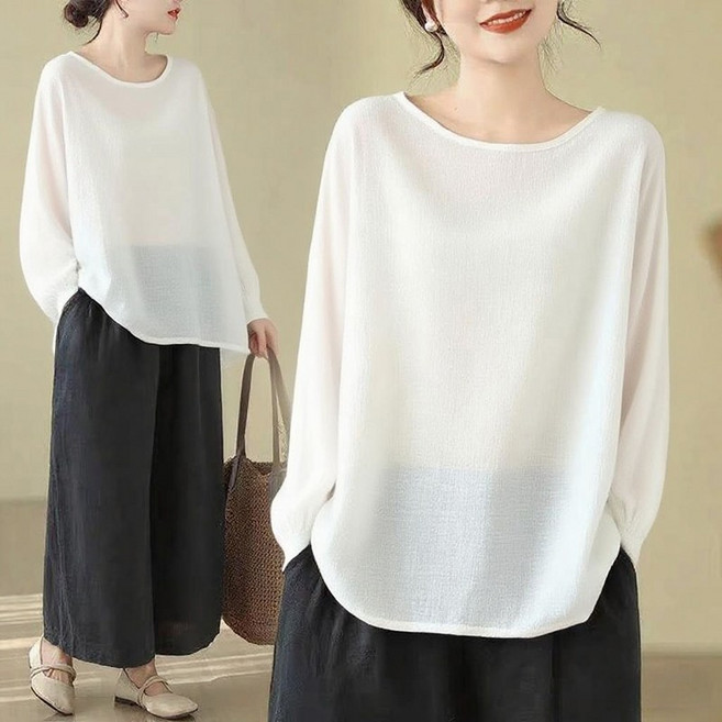 중년 여성 긴팔 티셔츠 봄 가을 엄마옷 루즈핏 라운드넥 여자 긴팔티 빅사이즈 패션 얇은 풀오버 이너 상의 LJX