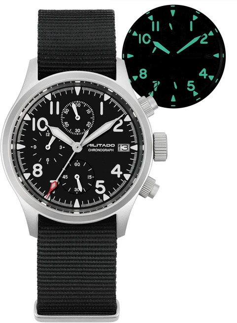 스마트워치용Militado ML1868KF 3 다이얼 쿼츠 시계 VK67 크로노 그래프 무브먼트 빛나는 사파이어 100m 방, 03 BK Nylon With Date