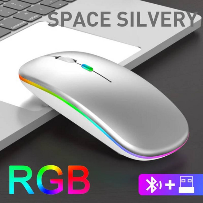 무선 마우스 블루투스 RGB 충전식 마우스 LED 조용한 일시 중지 LED 백라이트 인체 공학적 컴퓨터 게임 마우스 PC 노트북, Bluetooth Silver, 규격 없음
