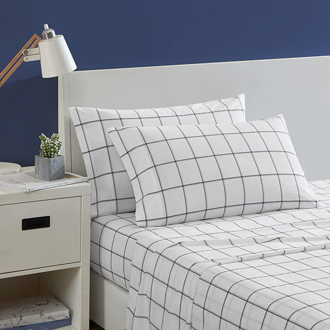 Nautica - 퍼케일 컬렉션 - 침대 시트 세트 - 100% 면 크리스프 & 쿨링 경량 및 수분 흡수 기능 트윈 XL 보 스트라이프, Plot Black
