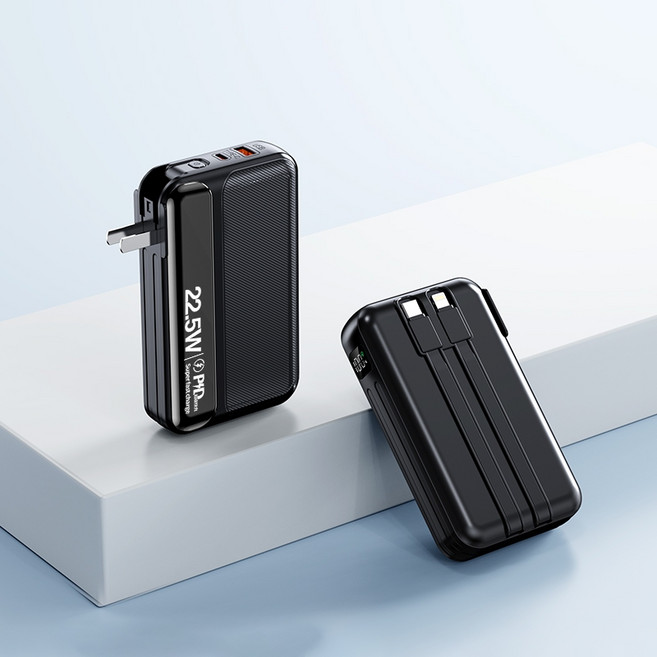 30000mAh 快充行動電源 自帶充電線 22.5W快充 數字顯示電量 AC插頭行充, 高級黑-30000mAh（快充）, 黑色, 動能電源 3W
