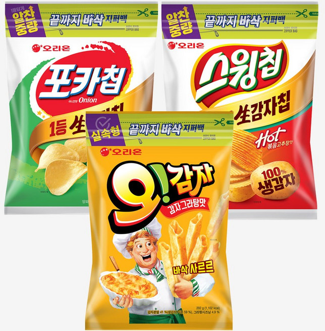 오리온 포카칩(어니) 1개+스윙칩 1개+오감자 1개 대용량 지퍼백 (총3개), 1세트, 712g