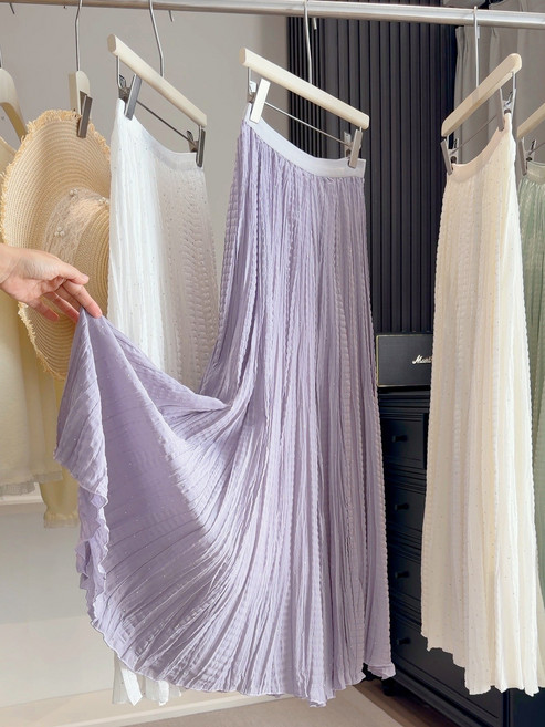 【仙氣顯瘦】半身裙 紗裙 百褶裙 網紗裙 仙女裙 褶皺燙鑽設計 純色高腰A字大擺 春季新款 韓系穿搭必備