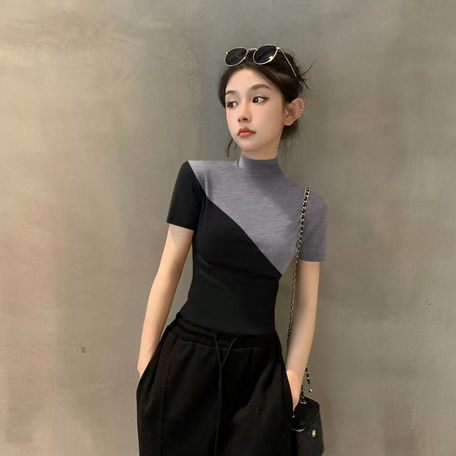 여성 반팔 반폴라티 캐주얼 패치워크 슬림 반팔 티셔츠 데일리 여름 여자 반목 반팔티 YJW