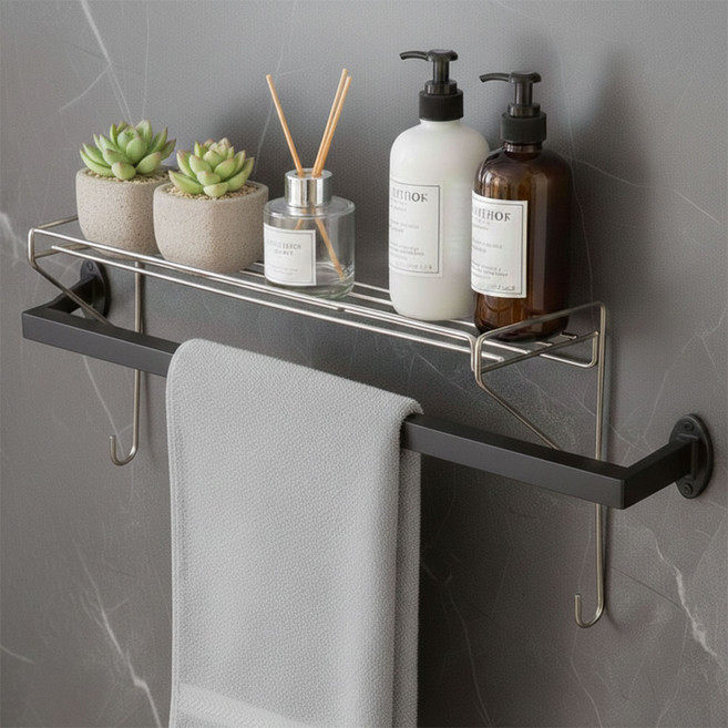 생활꾸밈 무타공 스텐304 수건걸이 선반, 실버, 1개