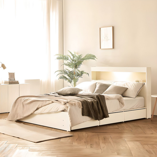 동서가구 이즈 카이 LED 1단 3서랍 수납침대 프레임 + 본넬 양면 매트리스 세트 방문설치, 화이트 + 화이트