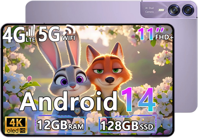 태블릿PC 11인치 안드로이드14 12GB+128GB 확장지원 4K OLED 대화면 12000mAh 배터리 WiFi+셀룰러 인강용 영상용 가성비 태블릿, Wi-Fi + 셀룰러, 128GB, Purple