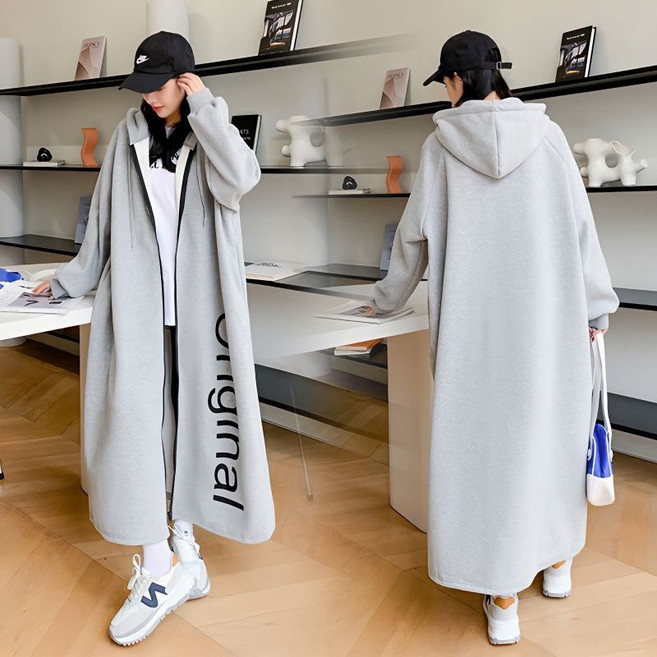 COSYEVNO 여성 롱 원피스 기모 후드 겨울 지퍼 레터링 프린트 오버핏 코트