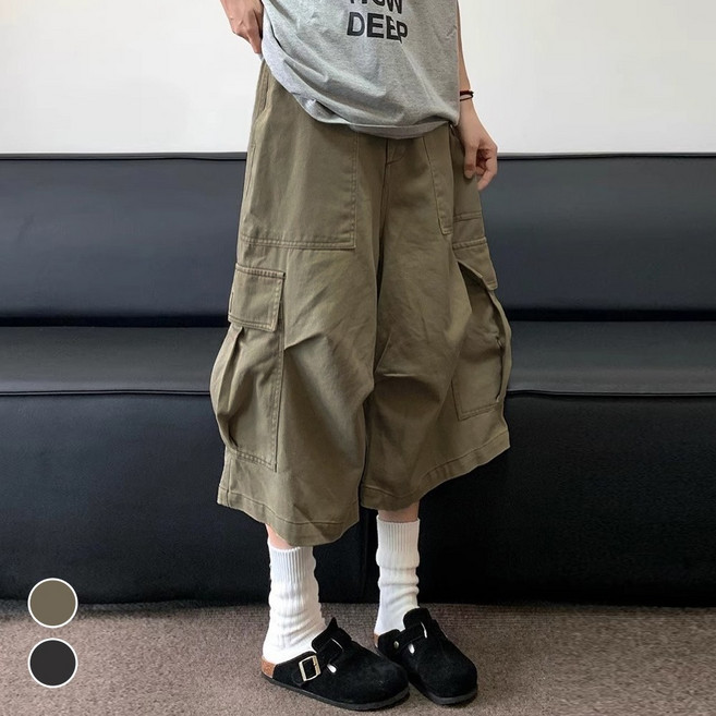 메이리앤 남녀공용 와이드 카고 버뮤다 팬츠 여름 7부 밴딩 반바지