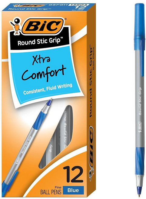 BIC 원형 스틱 그립 엑스트라 컴포트 중형 1.2 mm 볼펜 블랙 8개 세트, 12 Count (Pack of 1), Fine Point, Blue Ink
