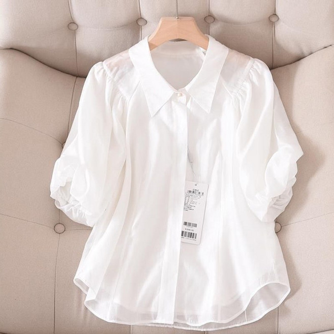 여름 시스루 반팔 블라우스 퍼프소매 무지 셔츠 상의 안감 부드러운 루즈핏 남방 여성복