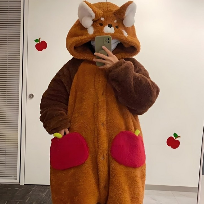 레서판다 후드 극세사 롱 코트 원피스 잠옷 (브라운) 캐릭터 겨울 코트형 수면 파자마