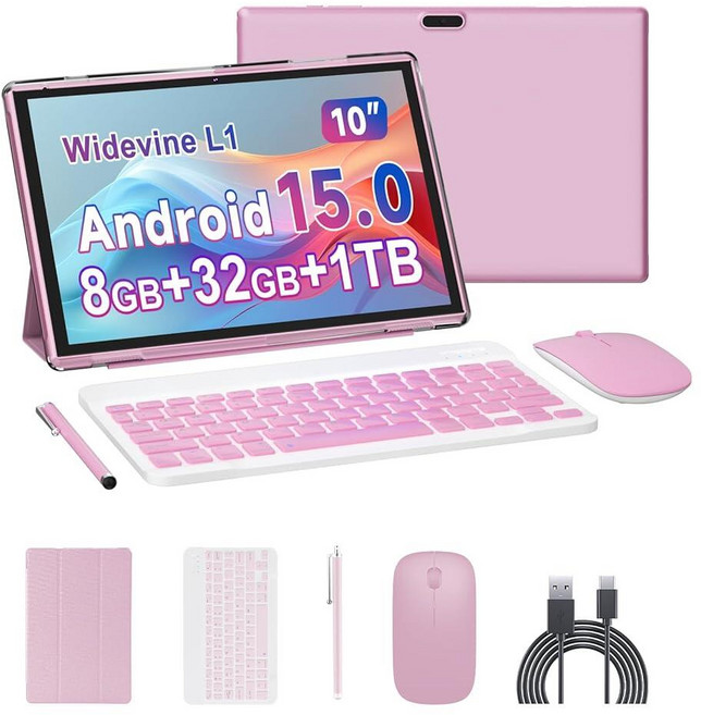 ATOZEE 태블릿 2 in 1 안드로이드 15 태블릿 키보드 포함 10인치 태블릿 마우스 스타일러스 케이스 포함 6000mAh 8GB RAM 32GB ROM 1024GB, 핑크