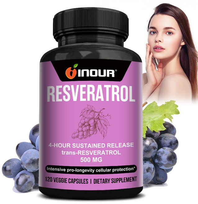고함량 레스베라트롤 500mg 60/120캡슐 trans-레스베라트롤 4시간 서방형 일본하수초 + 유기농 와인포도 이중 추출물 케르세틴 함유 비건 셀룰로오스 캡슐, 2개, 120정