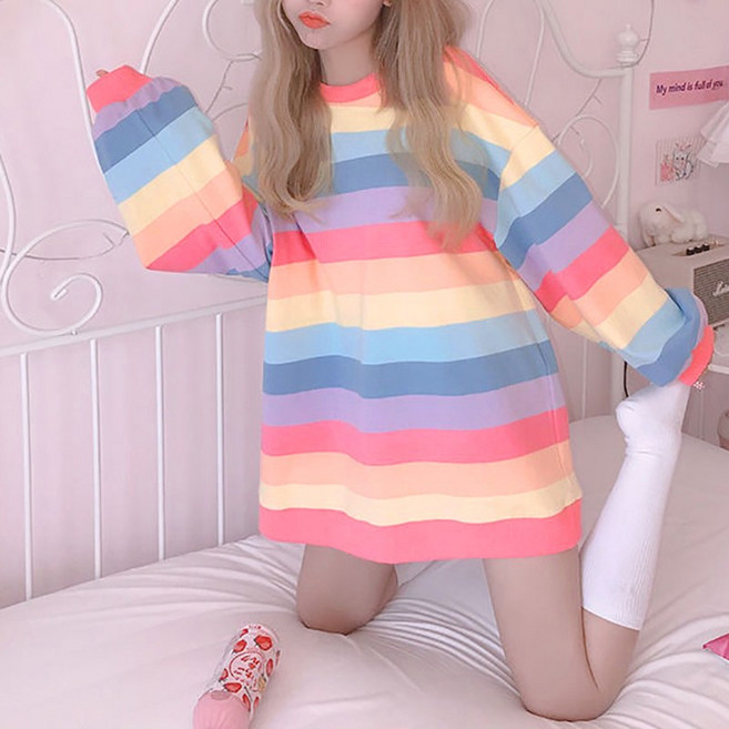슬림소녀 여자 봄가을 레인보우 스트라이프 긴팔 맨투맨 얇은 캐주얼 라운드 긴팔 티셔츠