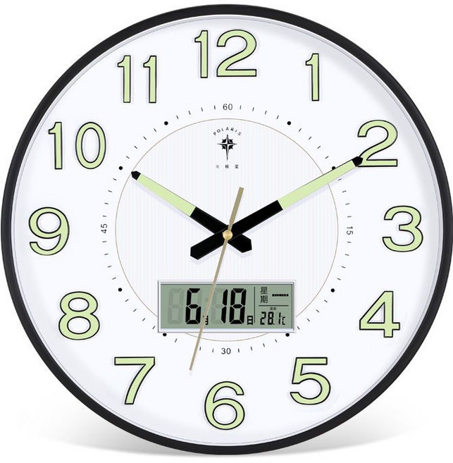 LEY 야광 거실 침실 무음 벽시계, 블랙 야광 캘린더