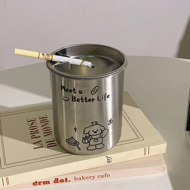 創意家用菸灰缸不鏽鋼車載帶蓋漏斗菸缸防飛灰創意送禮潮流菸灰缸, 1個, 披薩小狗-銀色不鏽鋼菸灰缸:2