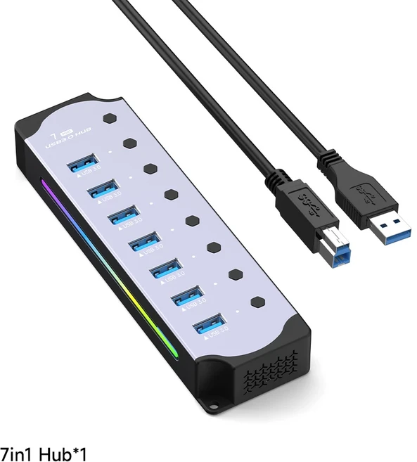 10 in 전원 USB 허브 3.0 인터페이스 개별 스위치 RGB E 마커 방열 설계 DC 5V 공급 어댑터, 04 7 in 1 Hub, 01 빠른