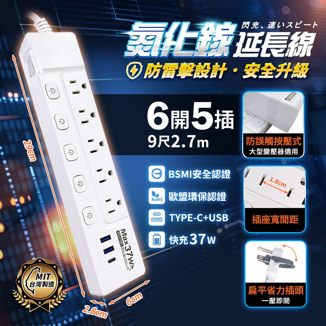 【台灣製造】最新3芯突波延長線 按壓式開關 過載自動斷電 新安規 BSMI驗證 安全可靠, 1個, 防雷擊氮化鎵PD37W六開五插270cm, 白, 270cm
