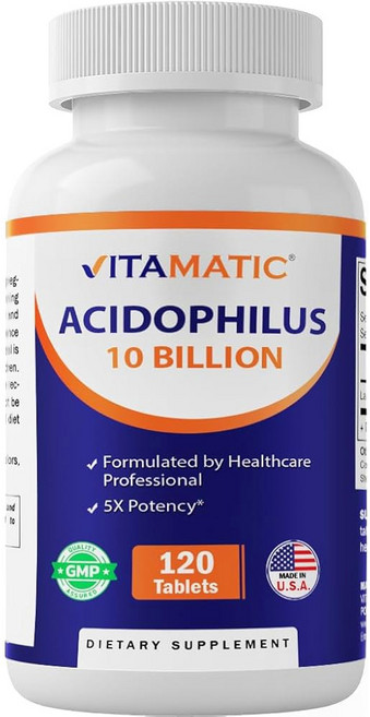 프로바이오틱스 유산균 아시도필루스 Vitamatic Acidophilus 100억 CFU 5배 효능 일일 보충제 소화기 건강 지원 120정, 1개