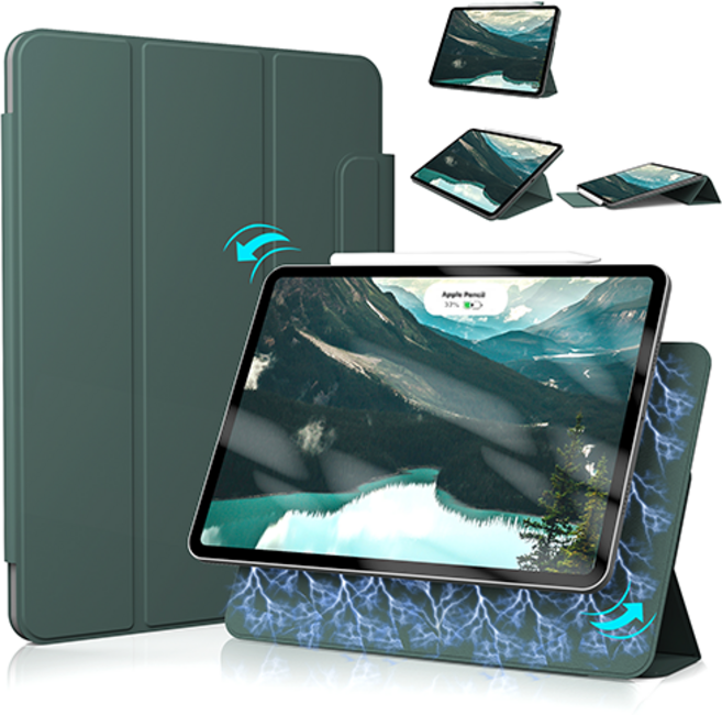 제이런 아이패드 케이스 마그네틱 3단 분리 탈착형 펜슬 수납 케이스, 미드나잇 그린
