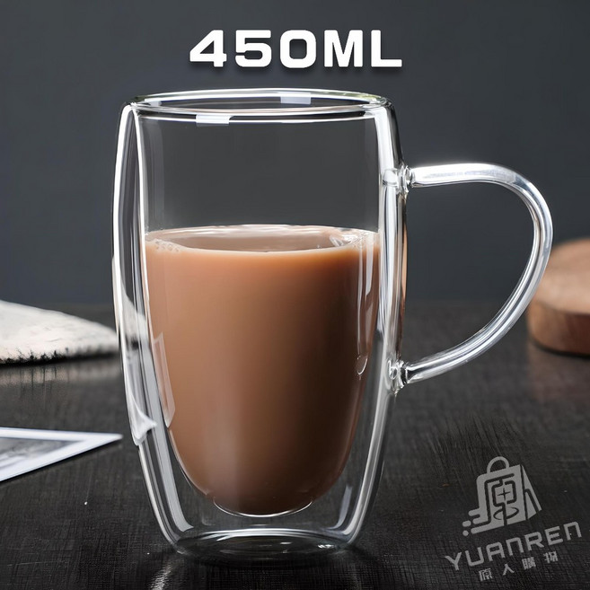 雙層玻璃杯 隔熱防燙 水杯 咖啡杯, 1個, 450ml雙層玻璃杯【有握把無蓋子】