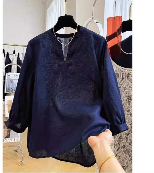 DFMEI 高級感棉麻重工刺繡七分袖襯衫女夏季薄款氣質小衫超好看上衣