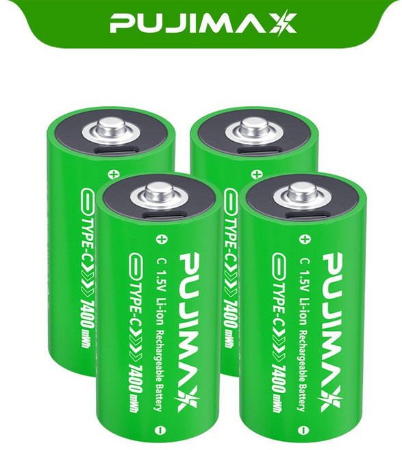 PUJIMAX C형 건전지 알카라인 1.5V 7400mWh (TPC) 충전식 리튬배터리 건전지 플래시라이트 장난감 투광등용, 1개, 4개입