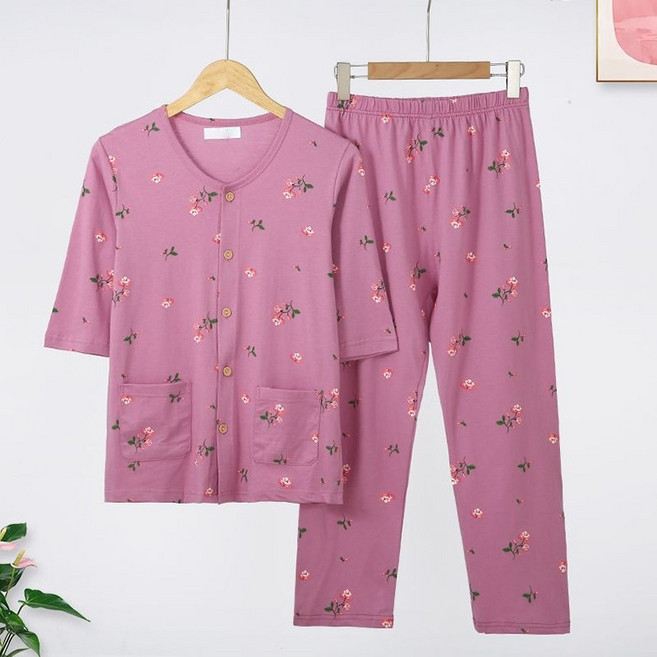 POMTOR 봄여름 중년 여성 순면 잠옷 세트 얇은 7부 카디건 바지 홈웨어 투피스