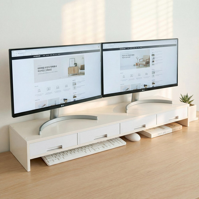 2단 수납형 듀얼 모니터 받침대 4칸서랍 와이드 선반, 화이트